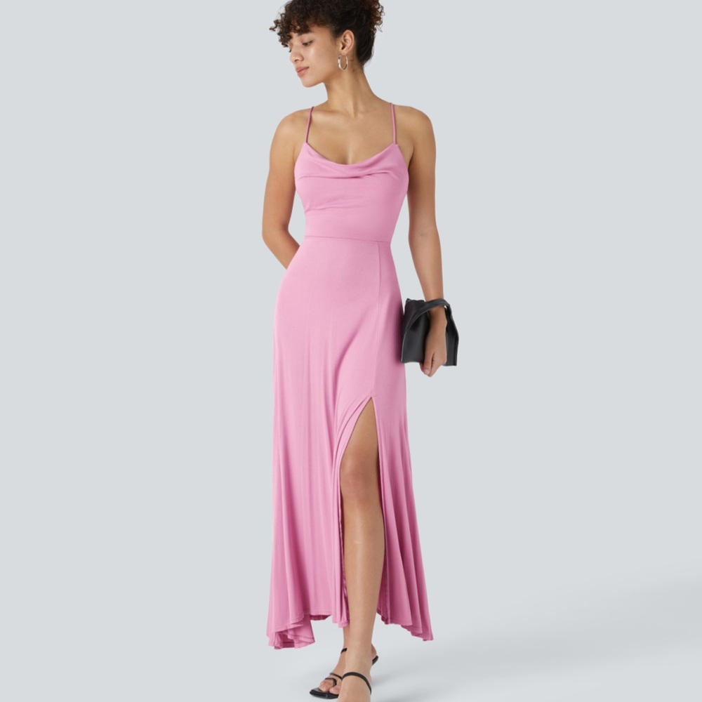 HALARA Pink Maxi Dress with Slit and Cowl Neck